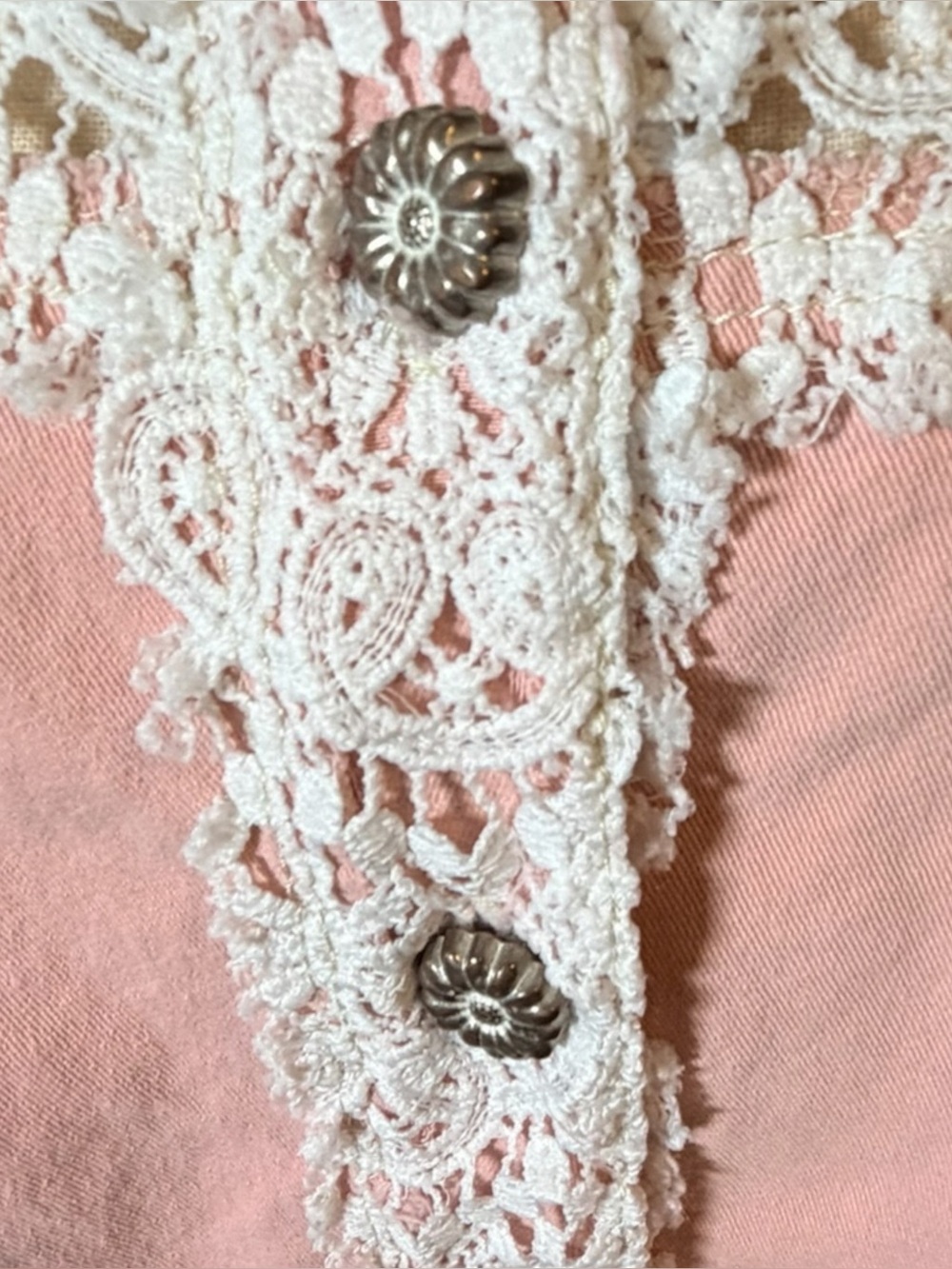 POL Clothing Boho Mixed Lace Patchwork Denim Shacket Pink Size Large - Picture 6 of 12